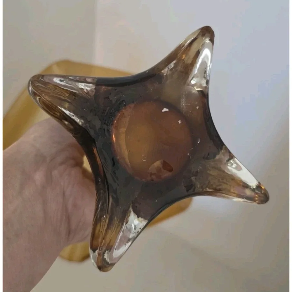 VTG Amber Art Glass Ruffled Fluted Flower Vase Swung Style MCM Hand Blown Decor